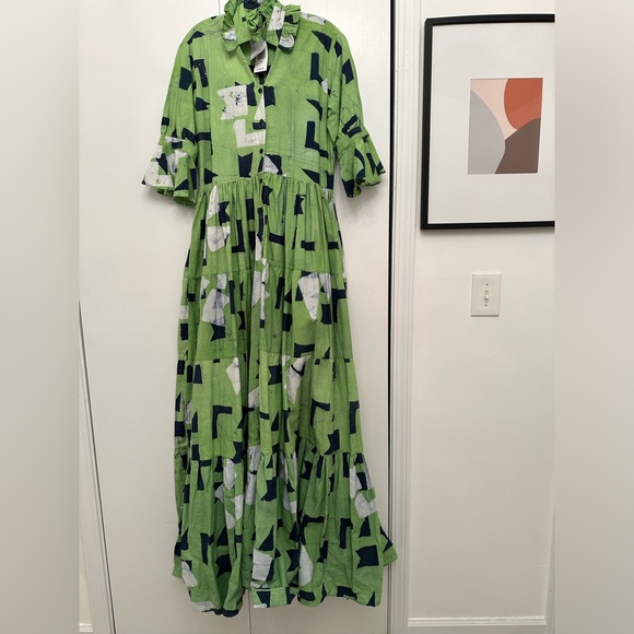 Studio 189 | Green Geo Cotton Ruffle Tiered Long Dress - Picture 9 of 11